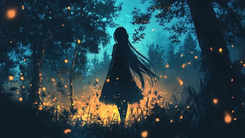 Silhouetted girl amid glowing embers in bioluminescent forest.