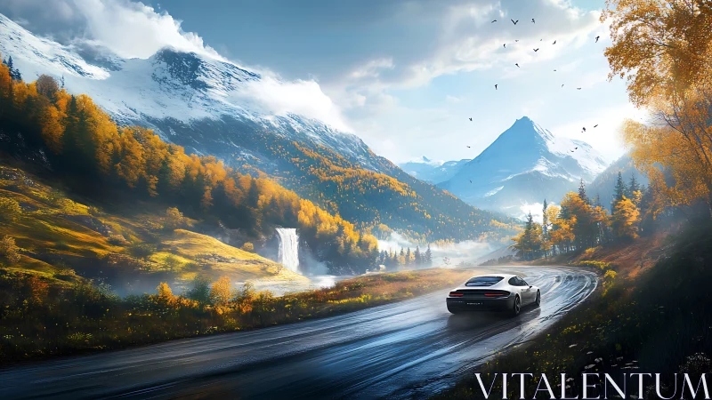 Curving mountain drive with a sleek car and golden forests.