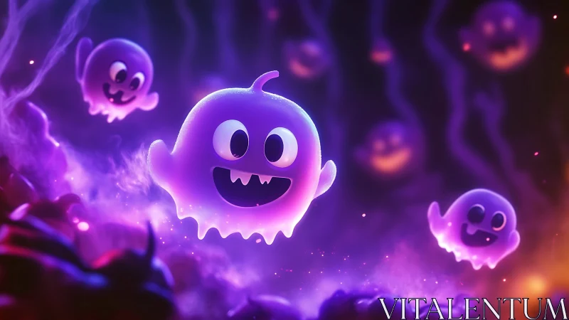 Glowing purple cartoon ghosts in soft neon mist.