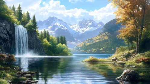 Gentle waterfall meets calm alpine lake under bright skies