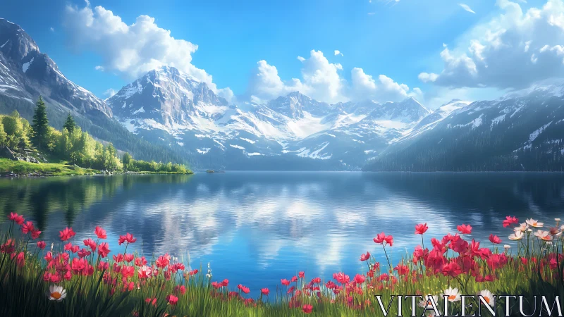 Alpine glacial lake with florid foreground and volumetric clouds.