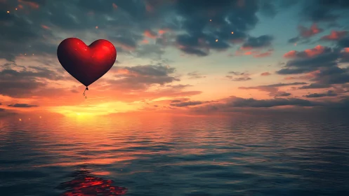 Red Heart Balloon Floating Over Ocean Sunset
