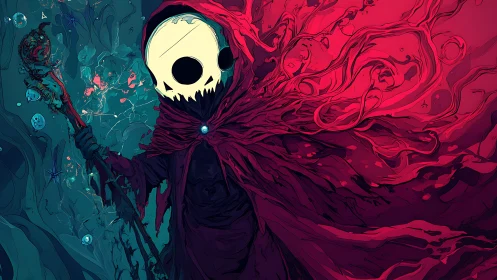 Hooded skeletal mage holds staff amid swirling red cloak