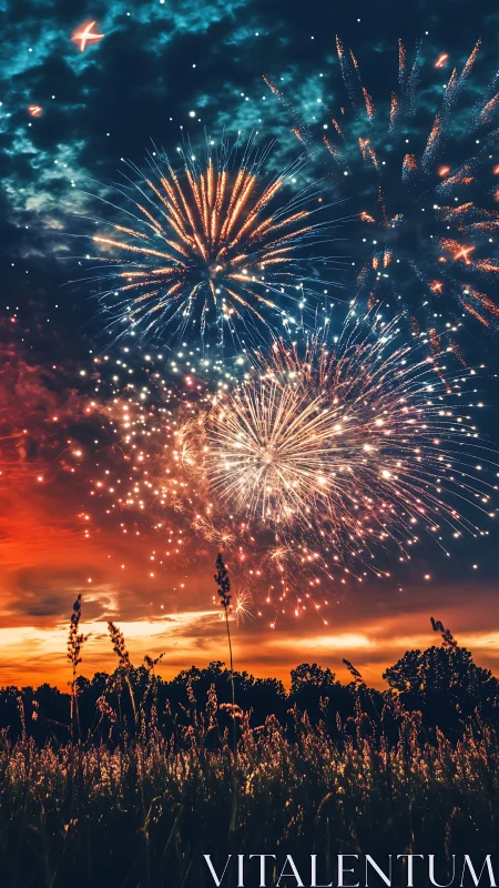 Fireworks blooming above a glowing summer field at dusk.