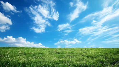 Sunny green meadow under vivid blue sky with clouds.