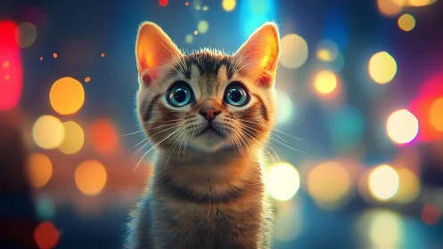 Luminescent Kitten Portrait Amid Bokeh Lights.