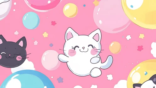 Bubble-bright kittens bounce through a cotton candy sky