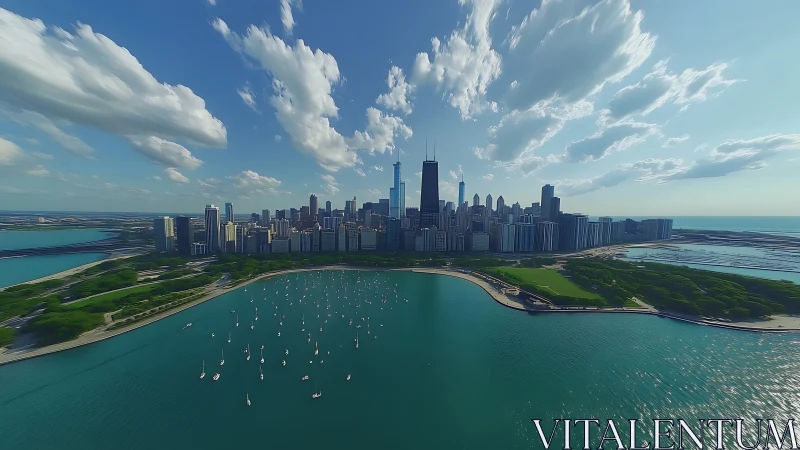 Skyscrapers lean into lake winds while sailboats stitch sunlight