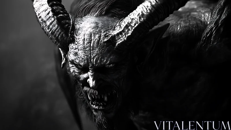 Tormented horned fiend in stark monochrome chiaroscuro.