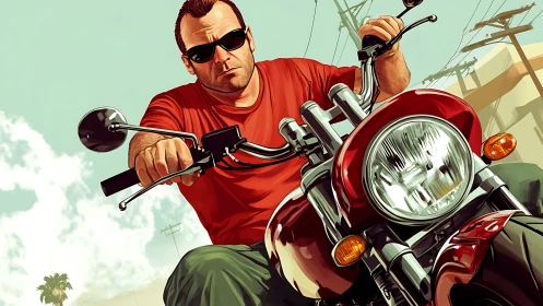 Motorcycle rider in red shirt under clear urban sky.