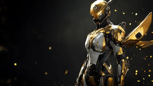 Gold armored android stands against dark cinematic void.