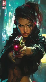 Cyberpunk vigilante aims her weapon in neon city haze