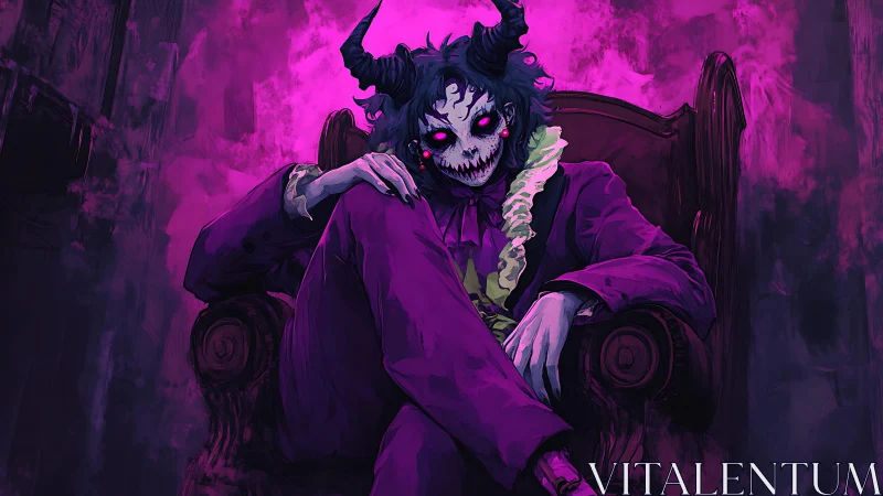 Horned skeletal dandy seated in chiaroscuro throne under magenta haze