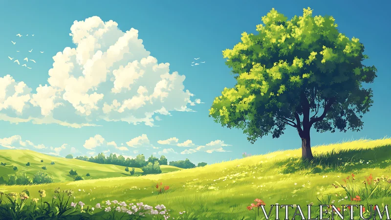 Sunlit hilltree dreaming under carefree cotton clouds.