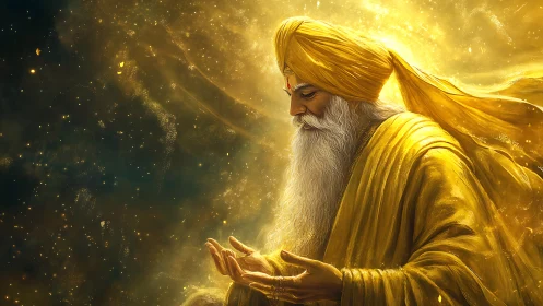 Golden elder in quiet cosmic prayerful light.