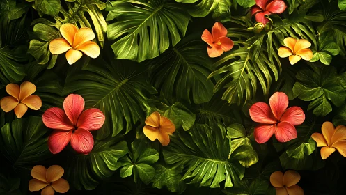 Tropical Floral Overhead Composition with Vibrant Hibiscus Blooms