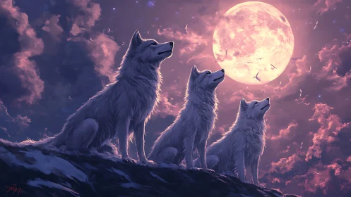 Lunar-lit wolf trio in atmospheric violet nightscape composition.