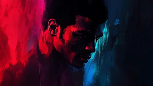Moody portrait splits between neon red and blue shadows.