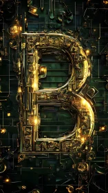 Metallic letter B rendered as complex circuit structure.