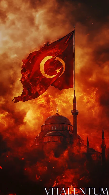 Turkish flag over mosque silhouette amid dense orange smoke.