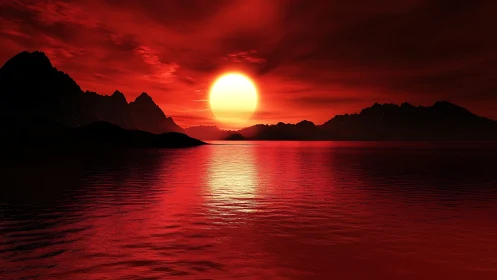 Red sun over dark mountains and reflective calm water.