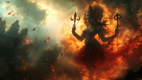 Digital painting of fiery warrior goddess amid temple ruins.