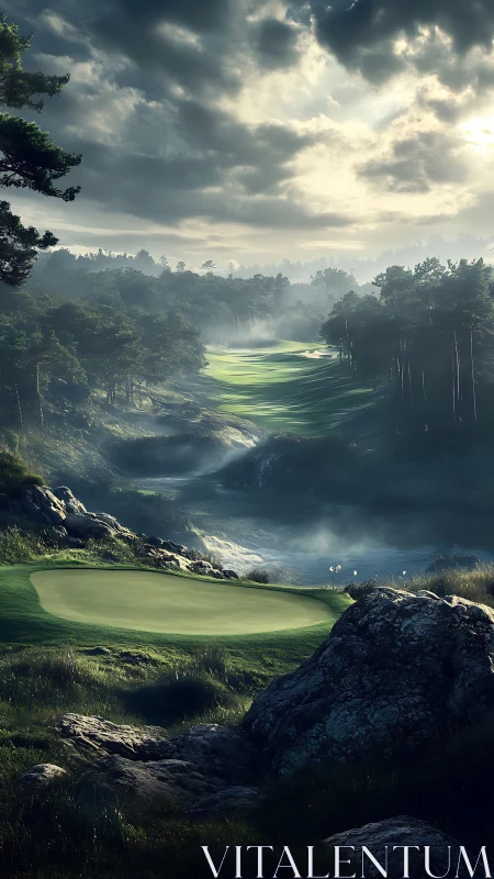 Morning mist drifting over a tranquil valley golf course.
