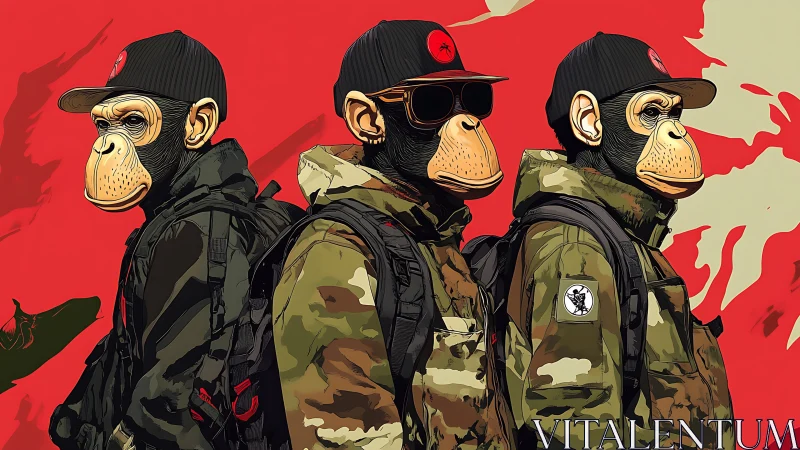 Three anthropomorphic apes stand in military streetwear gear
