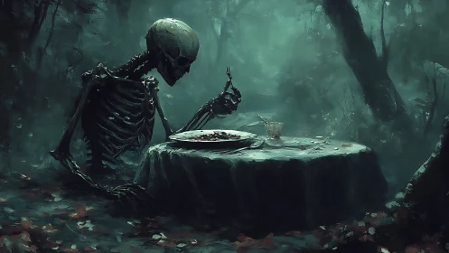 Skeletal figure seated at solitary forest dining table.