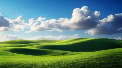 Sunlit green hills under scattered white cumulus clouds.