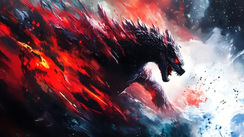 Kaiju silhouette erupts through molten inferno and frozen void