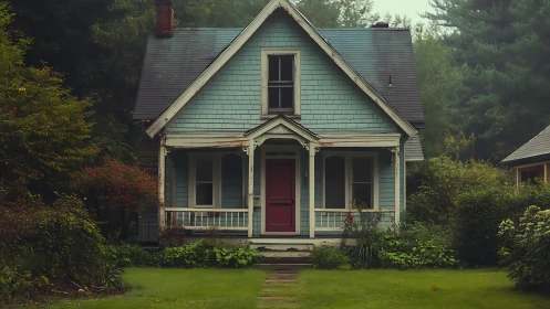 Weathered blue cottage façade with symmetrical porch and aging trim