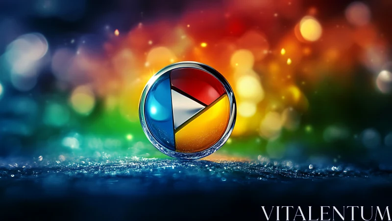 Glossy circular media icon on wet surface with bokeh light.