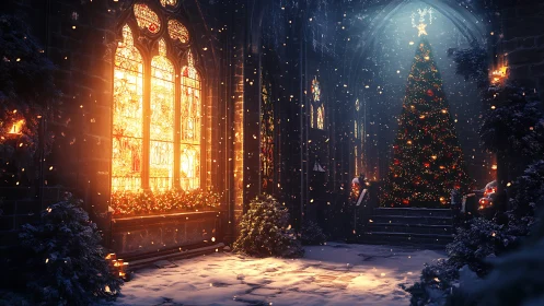 Gothic cathedral nave with illuminated stained glass and tree