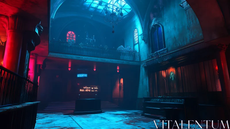 Abandoned neon-lit nave with volumetric fog and colored bounce light