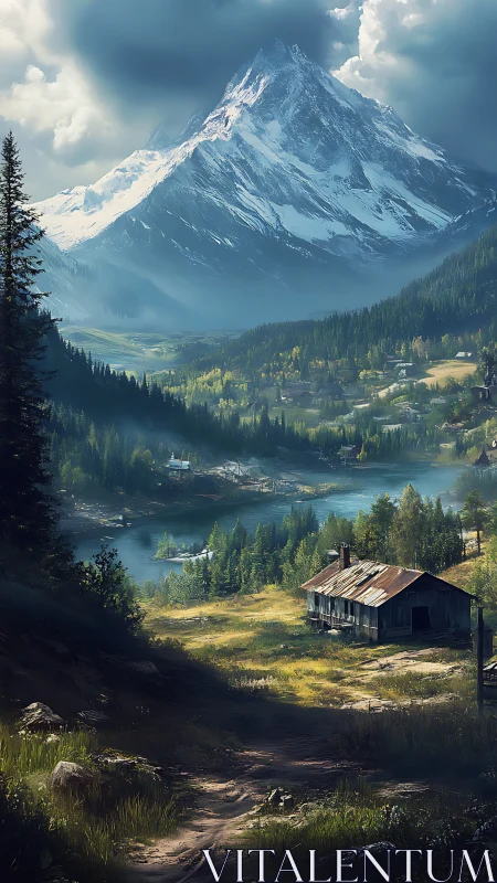 Snowcapped alpine peak dominates rustic lakeside valley vista
