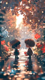 Chibi couple in autumn rain garden with cinematic bokeh light.