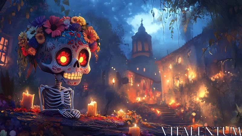 Sugar skull skeleton in candlelit village night scene.