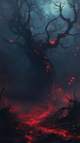 Volcanic bloodlit tree in fog-dense infernal forest night