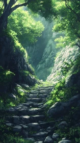 Mountain canyon with stone pathway through dense forest canopy