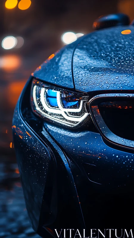 Midnight blue sports car headlight with rain-soaked detail.