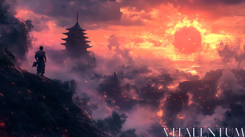 Wanderer gazes over mystical sunset city in glowing mist.