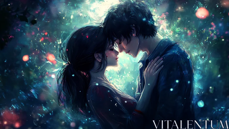 Bioluminescent forest embrace in luminous digital chiaroscuro.