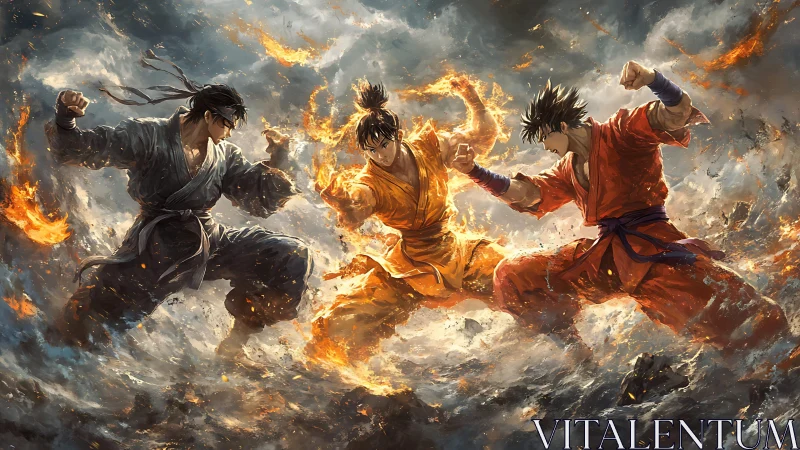 Triangular duel of martial fighters amid swirling firestorm.