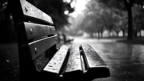 Monochrome park bench in rain with shallow depth of field.