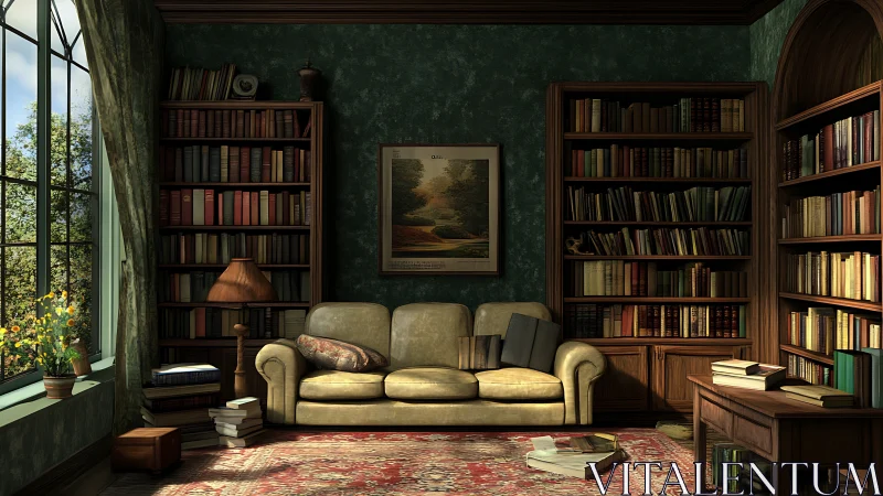 Digital study library interior with warm cinematic lighting.
