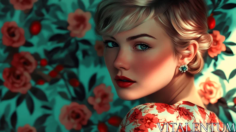 Portrait shows blonde woman before teal floral backdrop