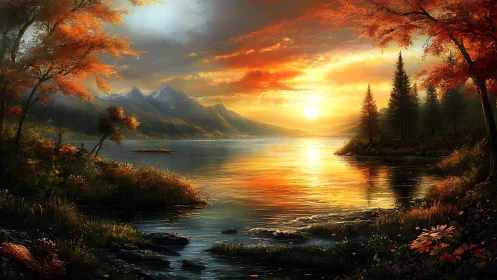 Autumn lake landscape at sunset with distant mountain range.