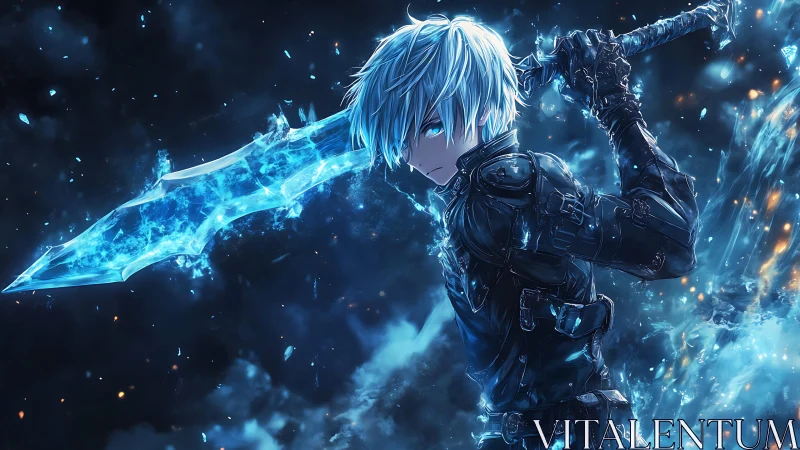 Ice-blade anime warrior amid explosive blue battlefield.