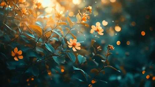 Golden Flowers Glowing with Warm Bokeh Light